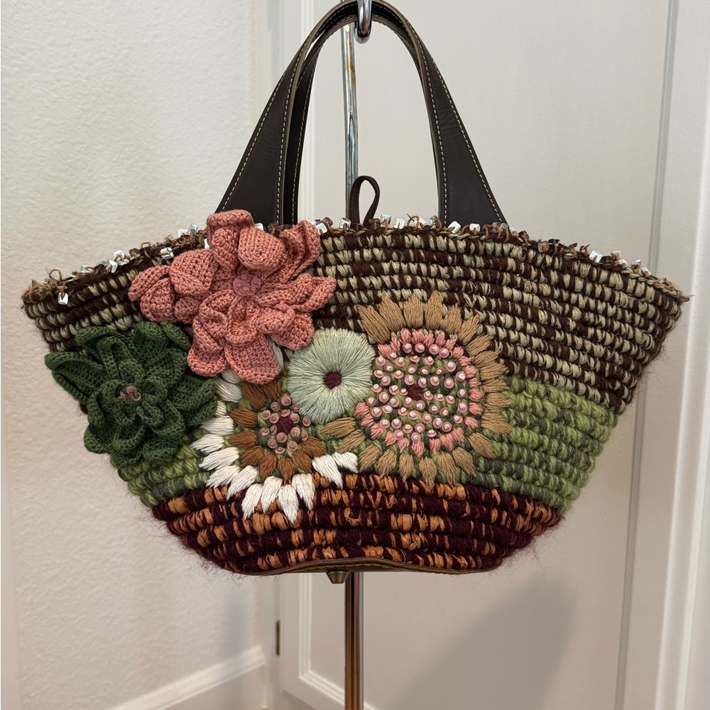 Handwoven Floral Crochet Tote Bag - Pink & Green